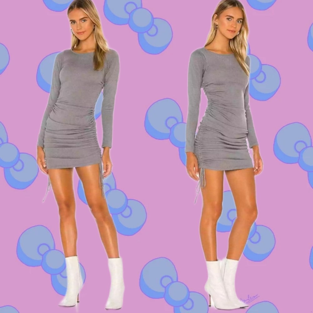 NBD Myckynna Ruched Knit Dress Mini Long Sleeve Stretch Bodycon in Slate, Grey